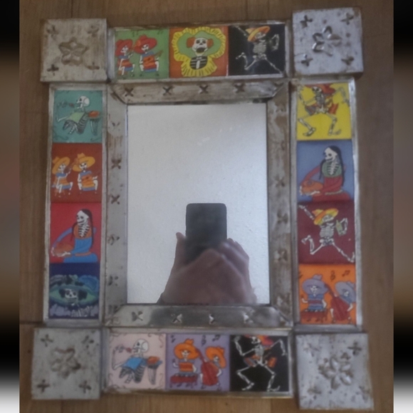 Authentic Mexican Day of the Dead Sugar Skull Tiled Punched Tin Mirror. - Picture 10 of 12